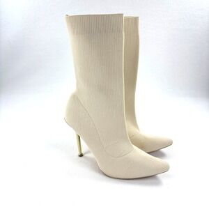 Knit Pointed Toe Sock Booties Stiletto Ivory Cream 4.5" High Heels Size 8.5